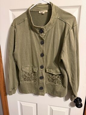 Soft Surroundings Olive Embroidered Pocket Utility Jacket